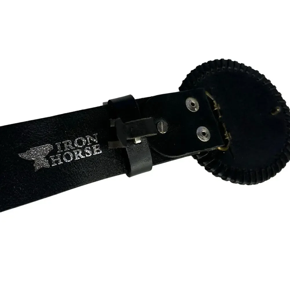 Iron Horse Black Studded Embossed Leather Belt with leather Buckle Size S/M